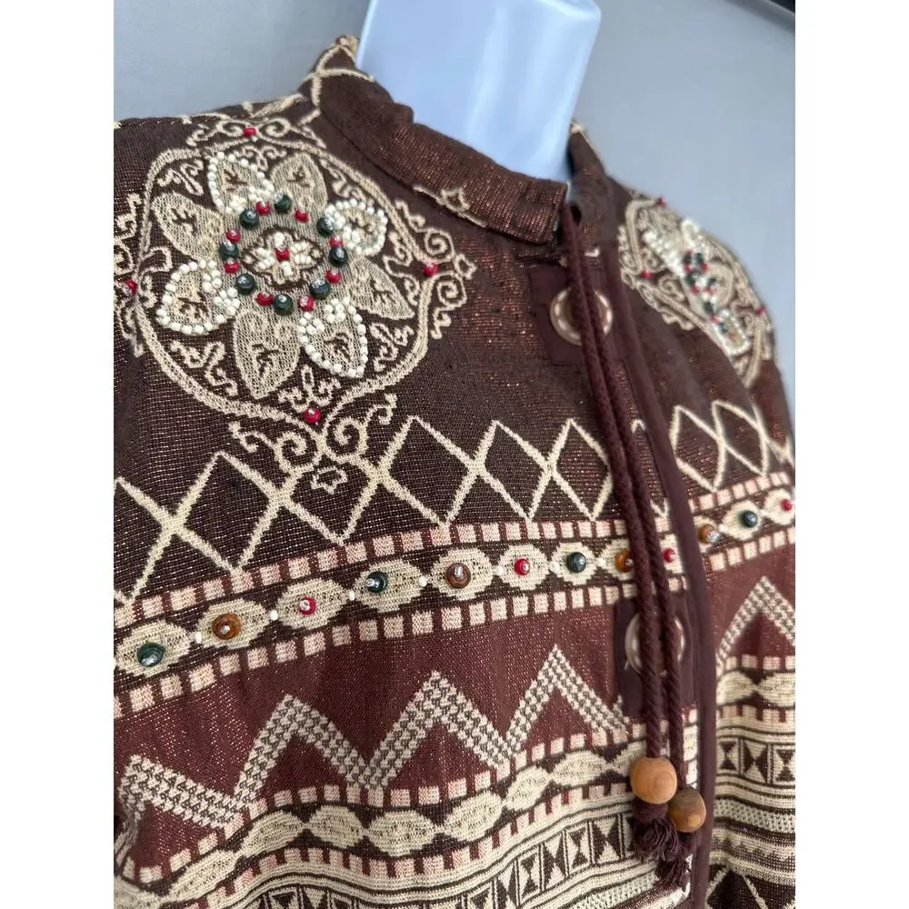 90s Vintage Jacket Womens Medium Brown Tapestry Button Beaded Boho Cottage